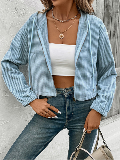 Crop Hoodies- Waffle Blue Cropped Hooded Jacket for Women- Blue- IndioGear.com