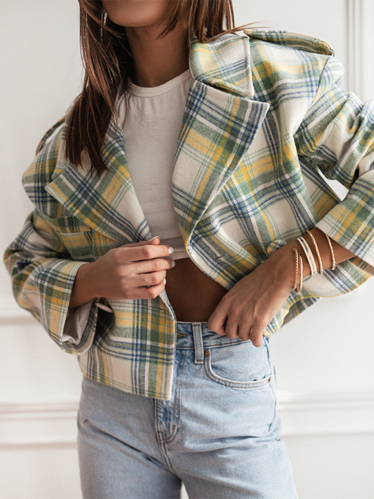 Crop Jackets- Plaid Crop Boxy Jacket with Notch Lapel for Women- Blue- IndioGear.com