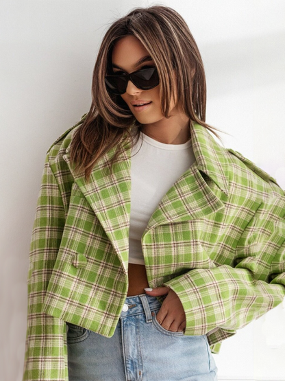 Crop Jackets- Plaid Crop Boxy Jacket with Notch Lapel for Women- - IndioGear.com