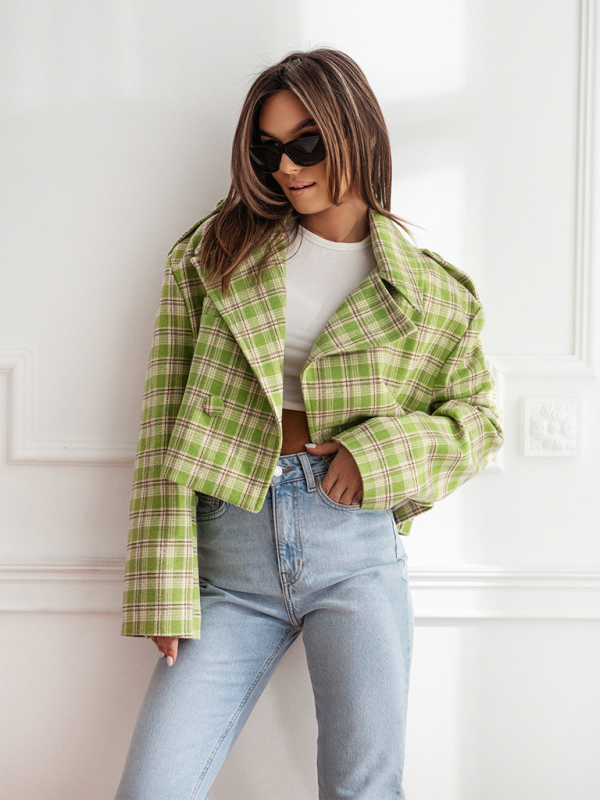 Crop Jackets- Plaid Crop Boxy Jacket with Notch Lapel for Women- - IndioGear.com