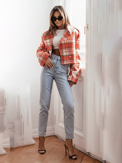 Crop Jackets- Plaid Crop Boxy Jacket with Notch Lapel for Women- - IndioGear.com