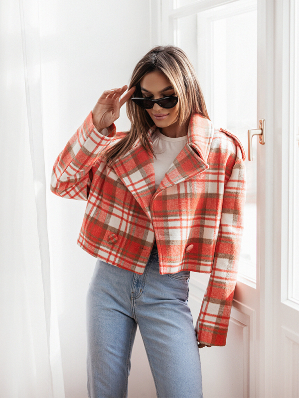 Crop Jackets- Plaid Crop Boxy Jacket with Notch Lapel for Women- - IndioGear.com