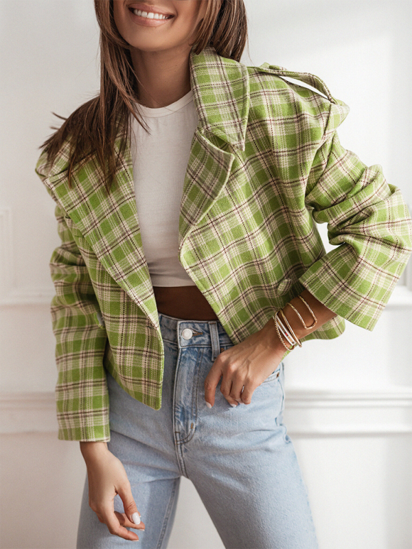 Crop Jackets- Plaid Crop Boxy Jacket with Notch Lapel for Women- Green- IndioGear.com