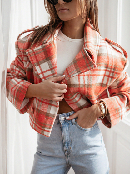 Crop Jackets- Plaid Crop Boxy Jacket with Notch Lapel for Women- Orange- IndioGear.com