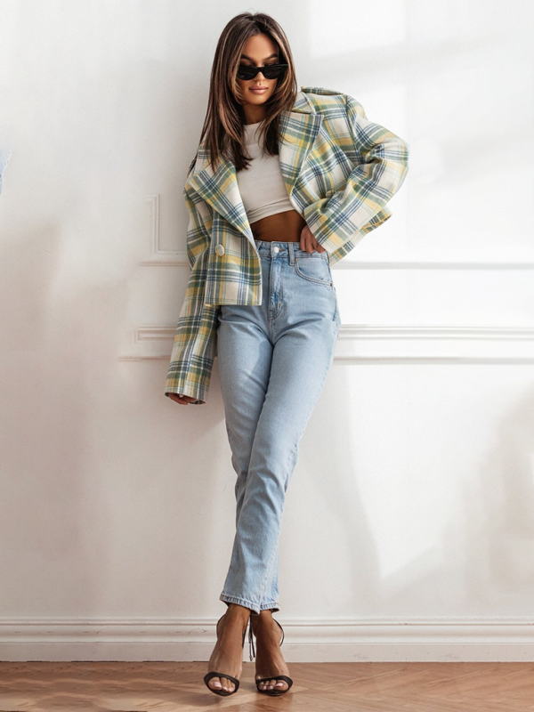 Crop Jackets- Plaid Crop Boxy Jacket with Notch Lapel for Women- - IndioGear.com