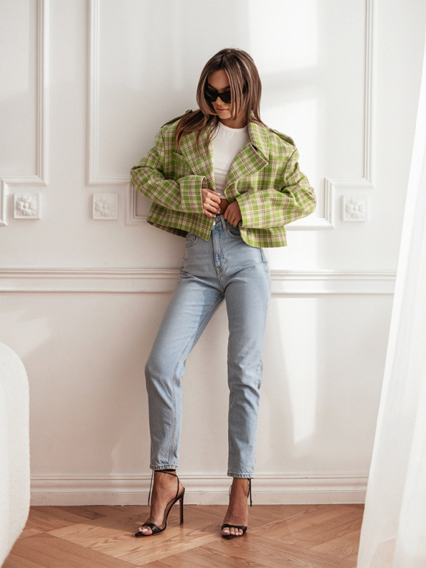 Crop Jackets- Plaid Crop Boxy Jacket with Notch Lapel for Women- - IndioGear.com