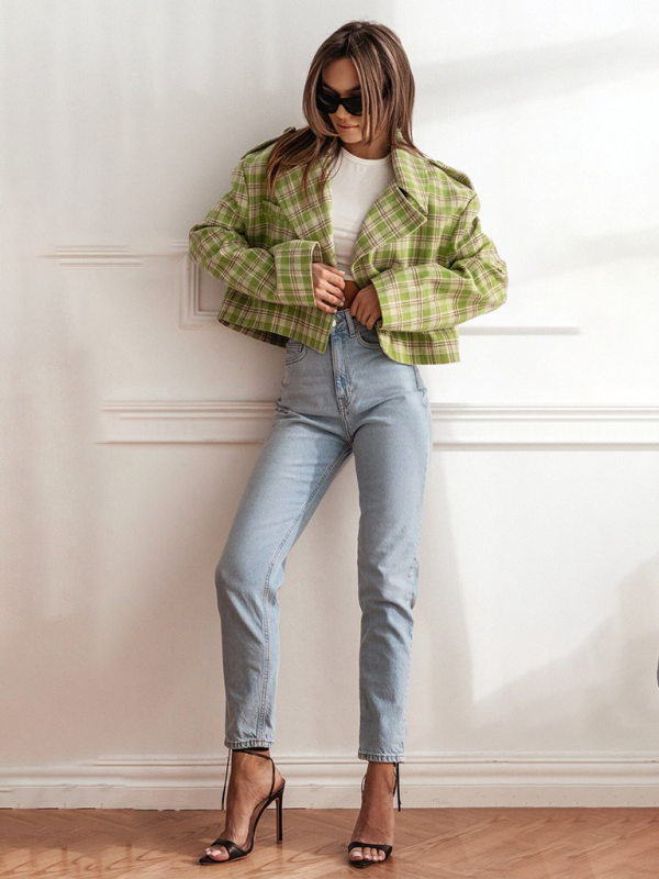 Crop Jackets- Plaid Crop Boxy Jacket with Notch Lapel for Women- - IndioGear.com