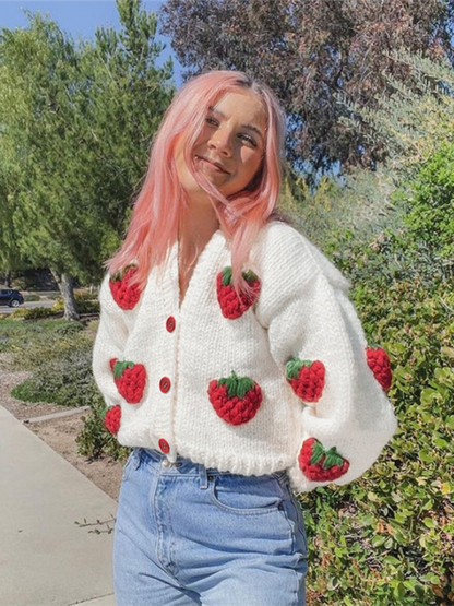 Crop Sweaters- Strawberry Appliqué Cardigan- - IndioGear.com