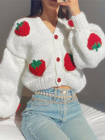 Crop Sweaters- Strawberry Appliqué Cardigan- - IndioGear.com