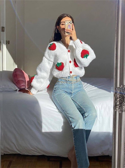 Crop Sweaters- Strawberry Appliqué Cardigan- - IndioGear.com