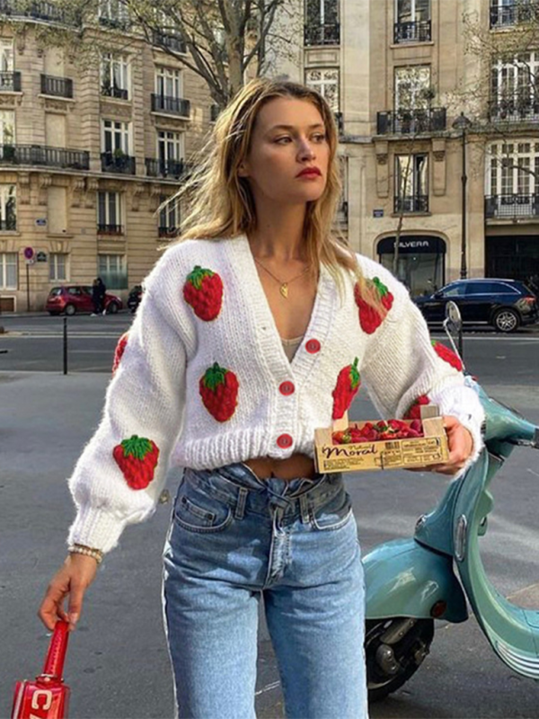 Crop Sweaters- Strawberry Appliqué Cardigan- - IndioGear.com