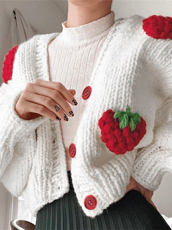 Crop Sweaters- Strawberry Appliqué Cardigan- White- IndioGear.com