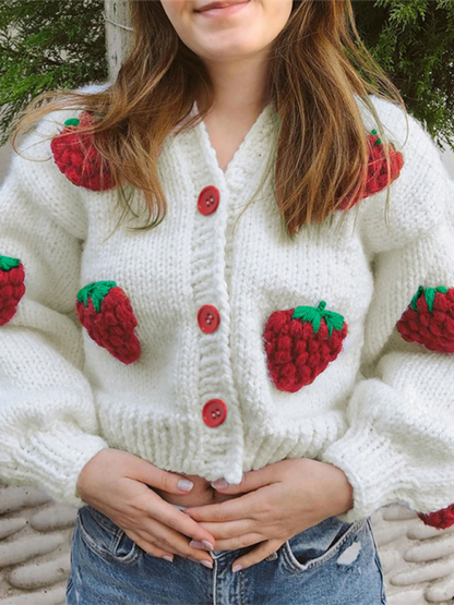 Crop Sweaters- Strawberry Appliqué Cardigan- - IndioGear.com