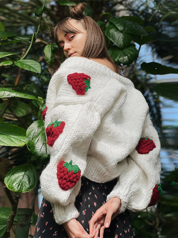 Crop Sweaters- Strawberry Appliqué Cardigan- - IndioGear.com