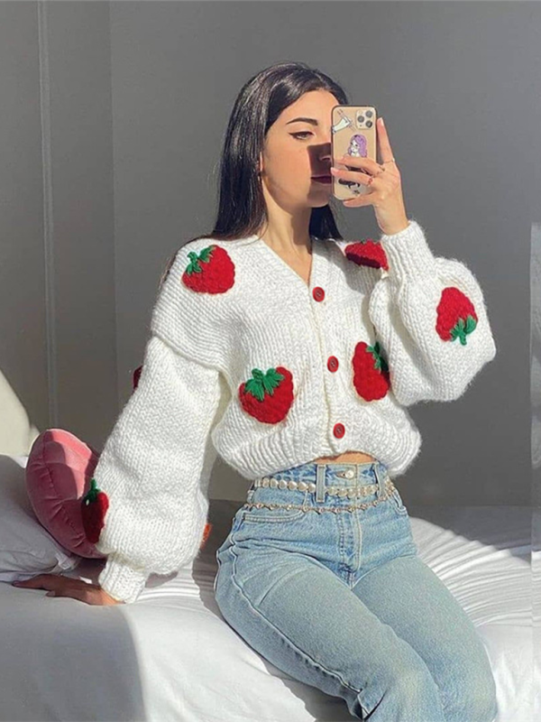 Crop Sweaters- Strawberry Appliqué Cardigan- - IndioGear.com