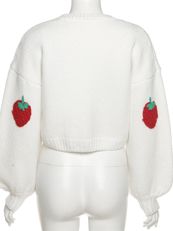 Crop Sweaters- Strawberry Appliqué Cardigan- - IndioGear.com