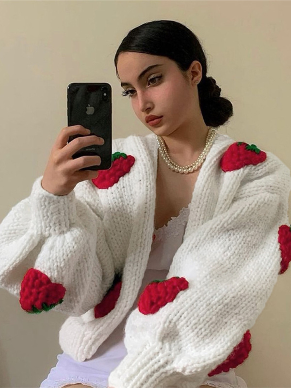 Crop Sweaters- Strawberry Appliqué Cardigan- - IndioGear.com