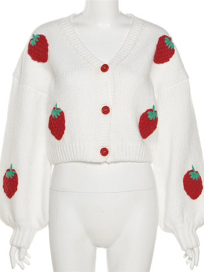 Crop Sweaters- Strawberry Appliqué Cardigan- - IndioGear.com