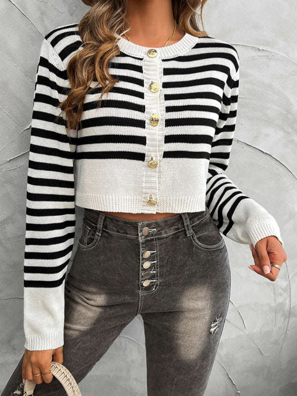 Crop Sweaters- Striped Button-Up Cardi Crop Sweater- - IndioGear Women Clothing