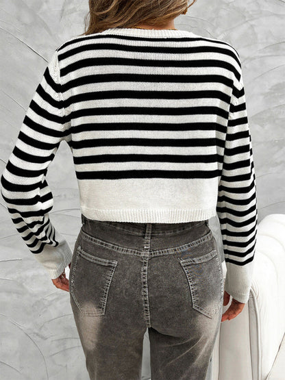 Crop Sweaters- Striped Button-Up Cardi Crop Sweater- - IndioGear Women Clothing