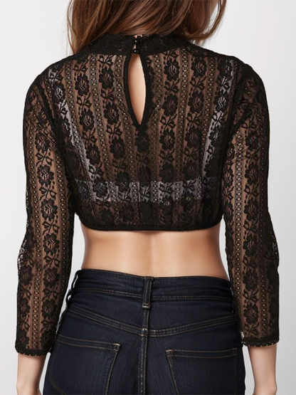 Crop Tops- Black Lace Crop Blouse- - IndioGear.com