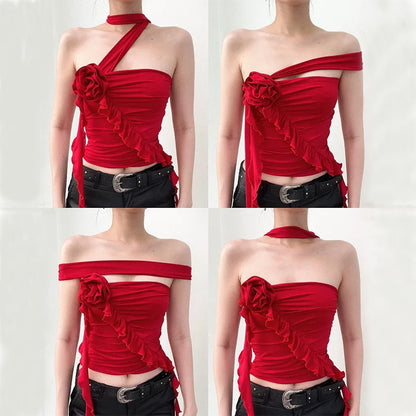 Crop Tops- Minimalist Red Ruffle Asymmetric Crop Top- - IndioGear