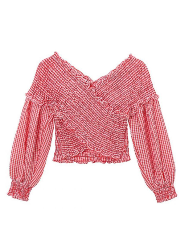 Crop Tops- Gingham Smocked Top for Women- Red- IndioGear.com