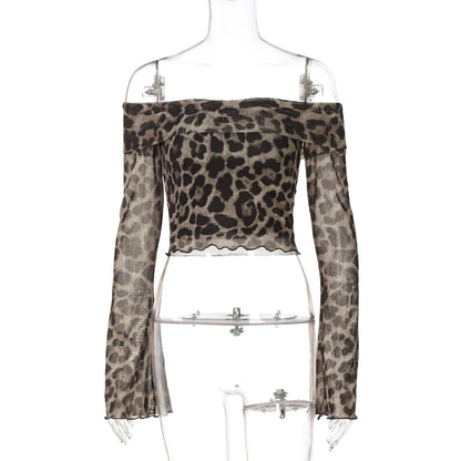 Crop Tops- Leopard Print Bardot Crop Top- Khaki- IndioGear Women Clothing