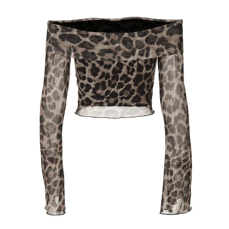 Crop Tops- Leopard Print Bardot Crop Top- - IndioGear Women Clothing