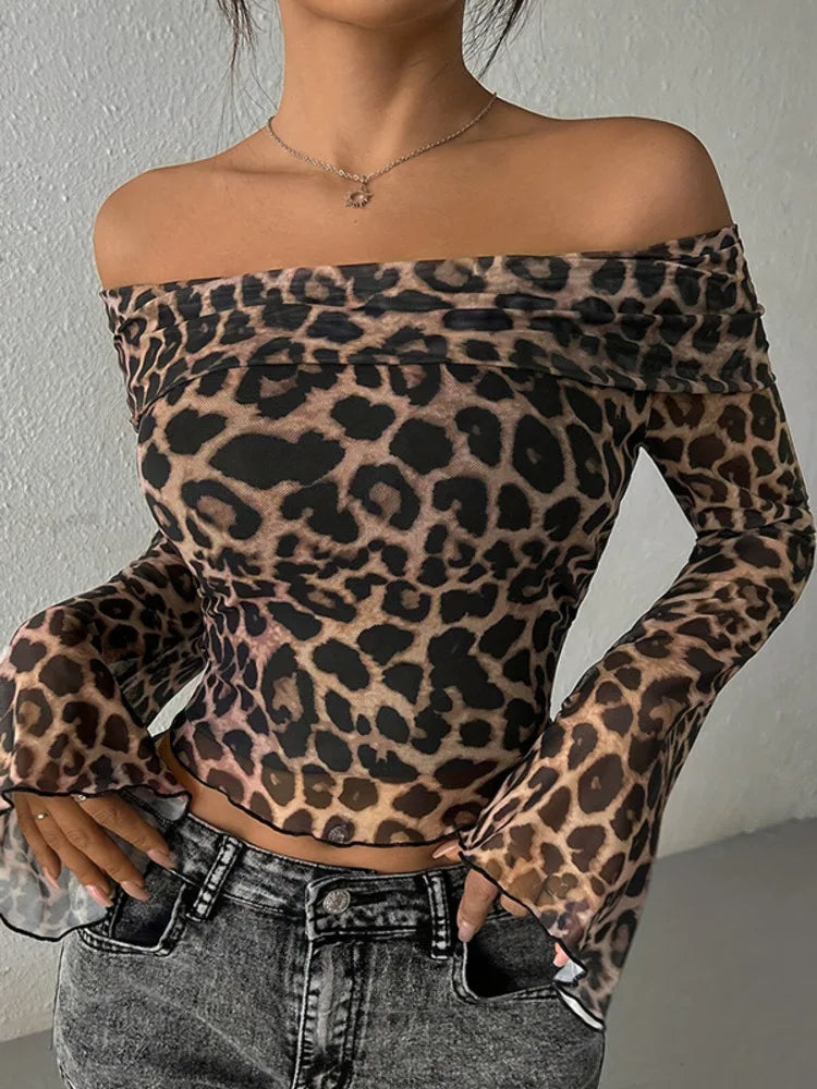 Crop Tops- Leopard Print Bardot Crop Top- - IndioGear Women Clothing