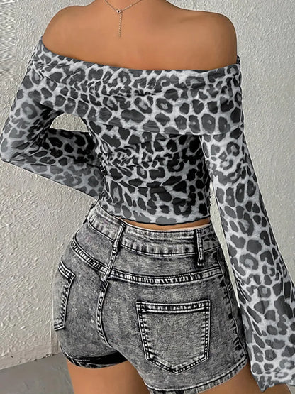 Crop Tops- Leopard Print Bardot Crop Top- - IndioGear Women Clothing