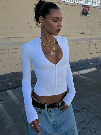 Crop Tops- Sporty White Zip-Up Crop Top T-Shirt for Active Days- - IndioGear.com