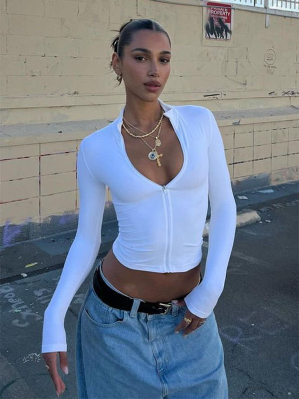 Crop Tops- Sporty White Zip-Up Crop Top T-Shirt for Active Days- White- IndioGear.com