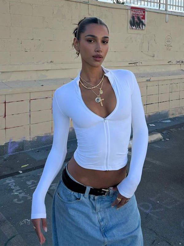 Crop Tops- Sporty White Zip-Up Crop Top T-Shirt for Active Days- - IndioGear.com