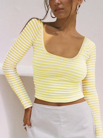 Crop Tops- Striped Crop Top Long Sleeve Knit Tee- Yellow- IndioGear Women Clothing