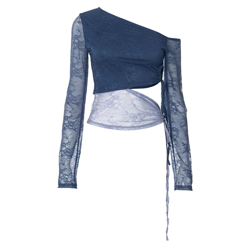 Crop Tops- Women One-Shoulder Cutout Top with Mesh Sleeves- - IndioGear.com