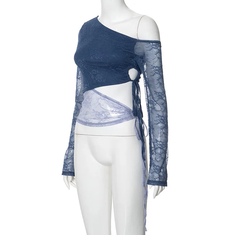 Crop Tops- Women One-Shoulder Cutout Top with Mesh Sleeves- - IndioGear.com