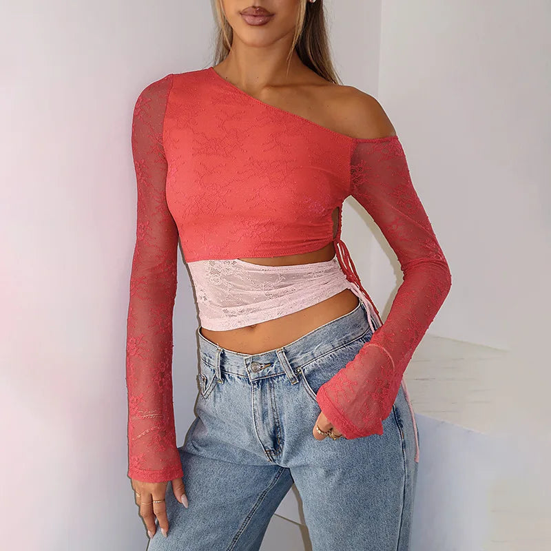 Crop Tops- Women One-Shoulder Cutout Top with Mesh Sleeves- - IndioGear.com