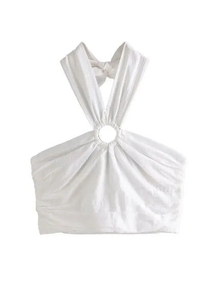 Crop Tops- Women White Cropped Halter Top with Ring Detail- White- IndioGear.com