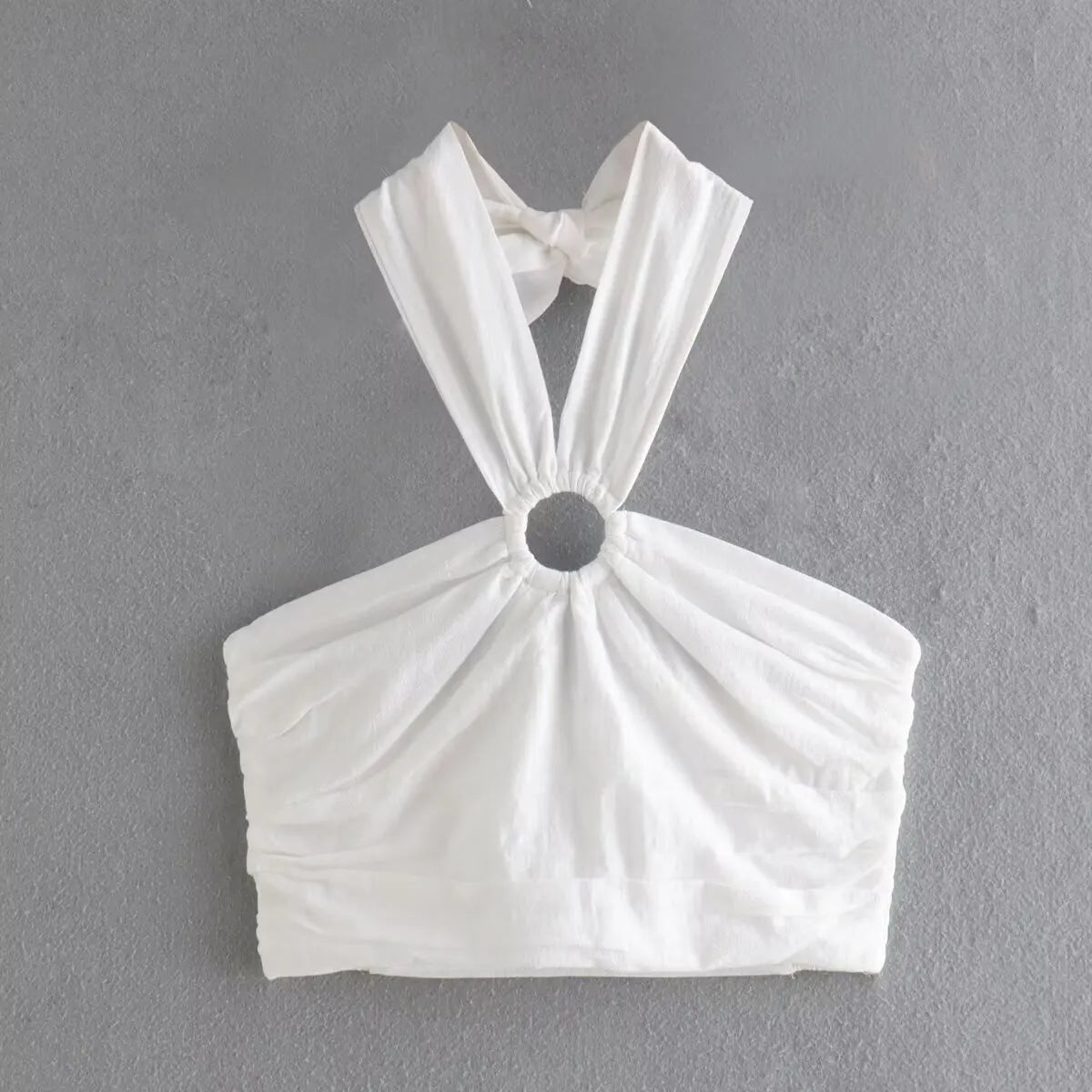 Crop Tops- Women White Cropped Halter Top with Ring Detail- - IndioGear.com