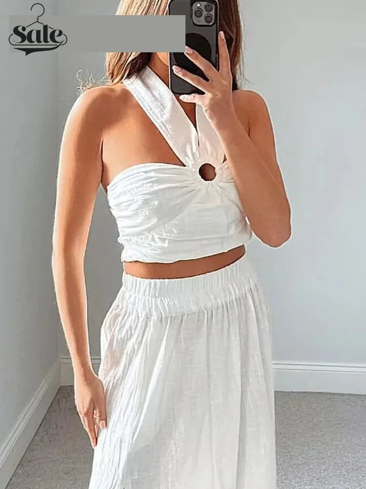 Crop Tops- Women White Cropped Halter Top with Ring Detail- - IndioGear.com