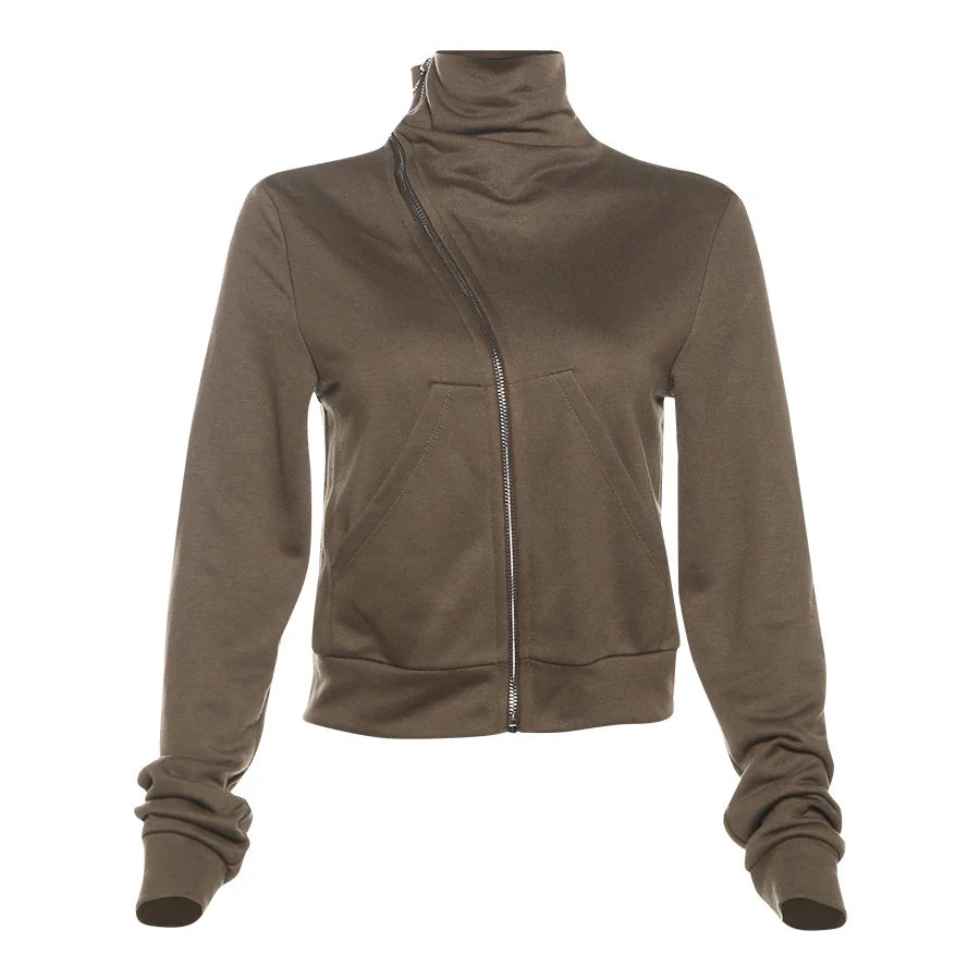 Cropped Jackets- High Collar Asymmetrical Zip Jacket for Women- - IndioGear.com