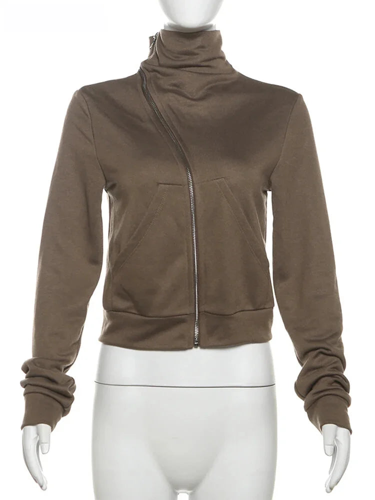 Cropped Jackets- High Collar Asymmetrical Zip Jacket for Women- - IndioGear.com