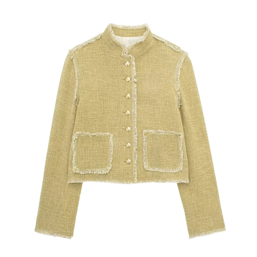 Cropped Jackets - Tweed Textured Fabric Chic Jacket