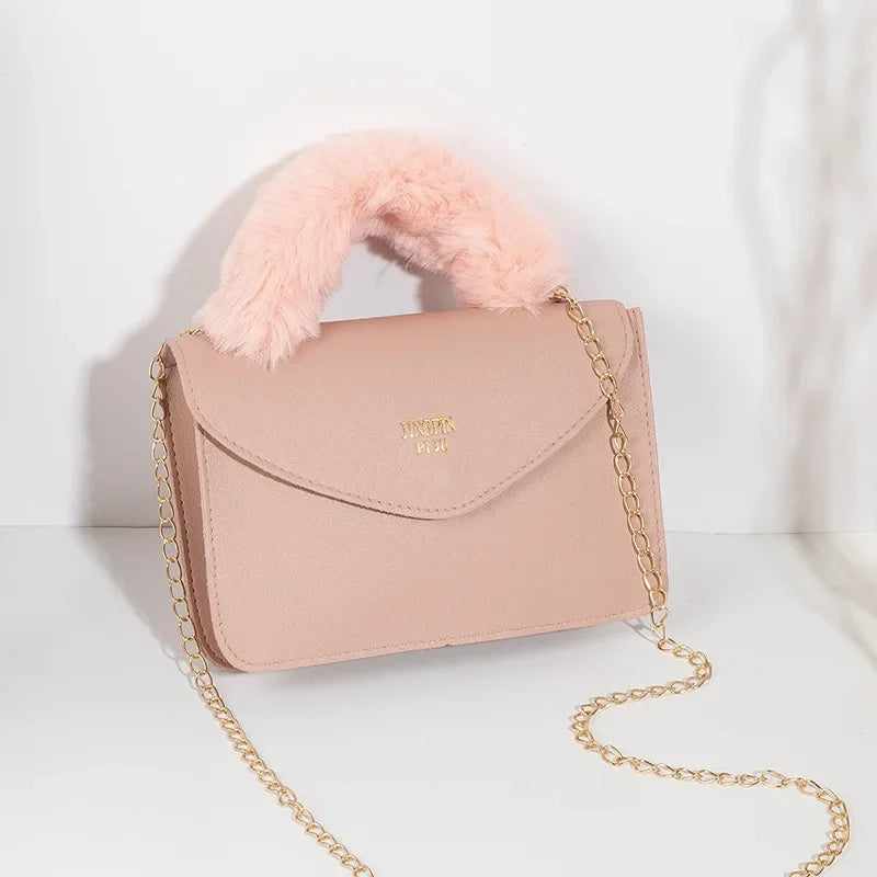 Crossbody Handbags- Soft Furry Plush Top-handle Crossbody Designer Handbags- Pink- IndioGear.com