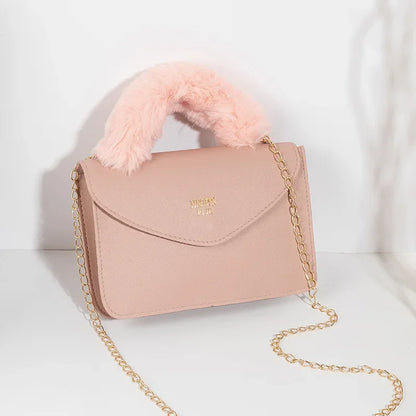 Crossbody Handbags- Soft Furry Plush Top-handle Crossbody Designer Handbags- Pink- IndioGear.com