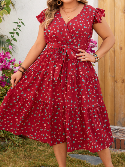 Curvy Dresses- A-Line Belted Curvy Midi Dress for Summer Festivals- Red- IndioGear.com