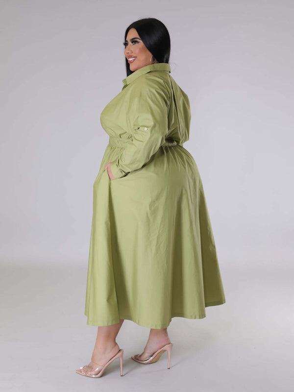 Curvy Dresses- Curvy Cocktail Elegant Long Sleeve Olive Dress- - IndioGear Women Clothing