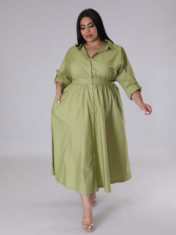 Curvy Dresses- Curvy Cocktail Elegant Long Sleeve Olive Dress- - IndioGear Women Clothing