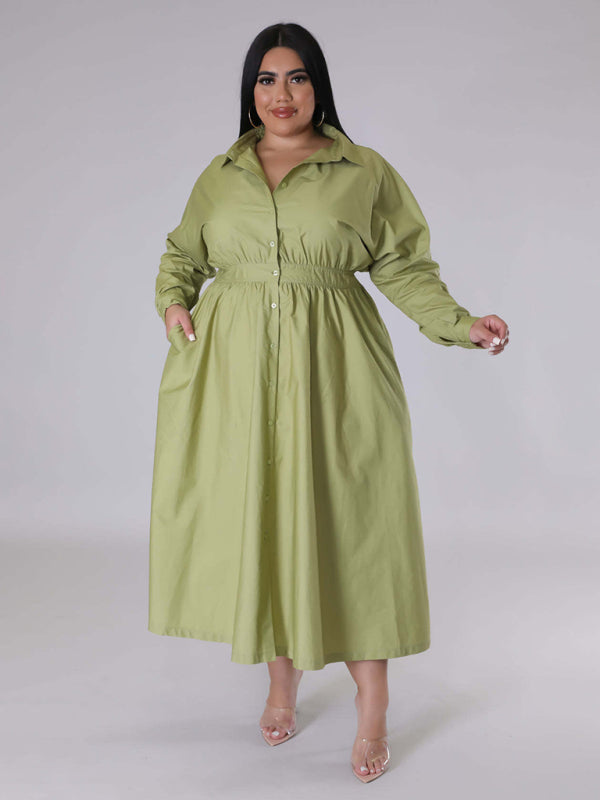 Curvy Dresses- Curvy Cocktail Elegant Long Sleeve Olive Dress- - IndioGear Women Clothing